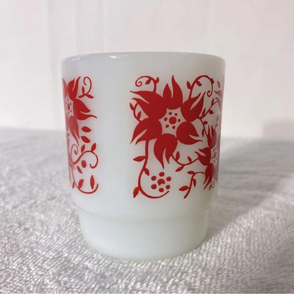 Vintage Anchor Hocking Fire King Red Flower Milk  Glass Stacking Mug - Picture 4 of 11